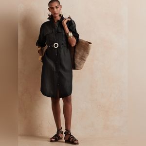 Banana Republic 100% Linen LS Safari Shirt Dress Button Down Black Size Large